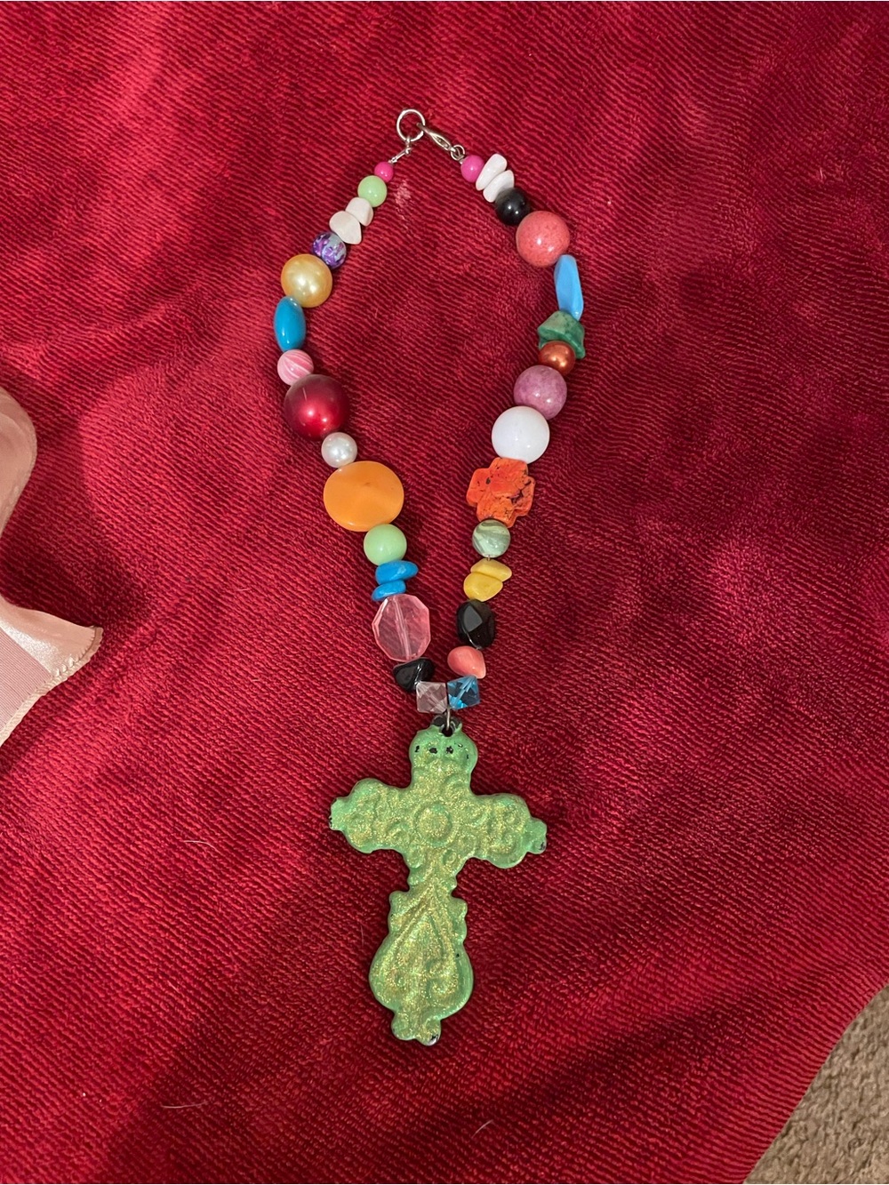 Oversized Lime Green Ceramic Cross Glass Beaded Boho Statement Necklace